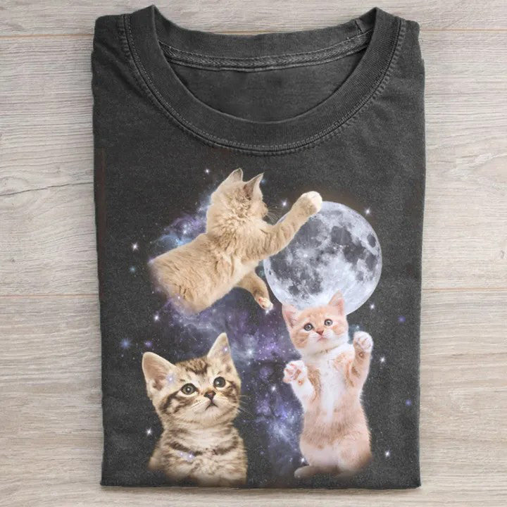 Three Cats Retro Moon Graphic T-shirt