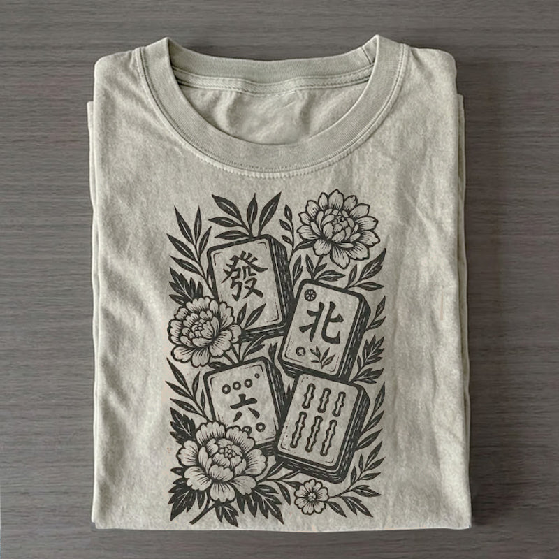 Retro Linocut Mahjong Floral T-shirt
