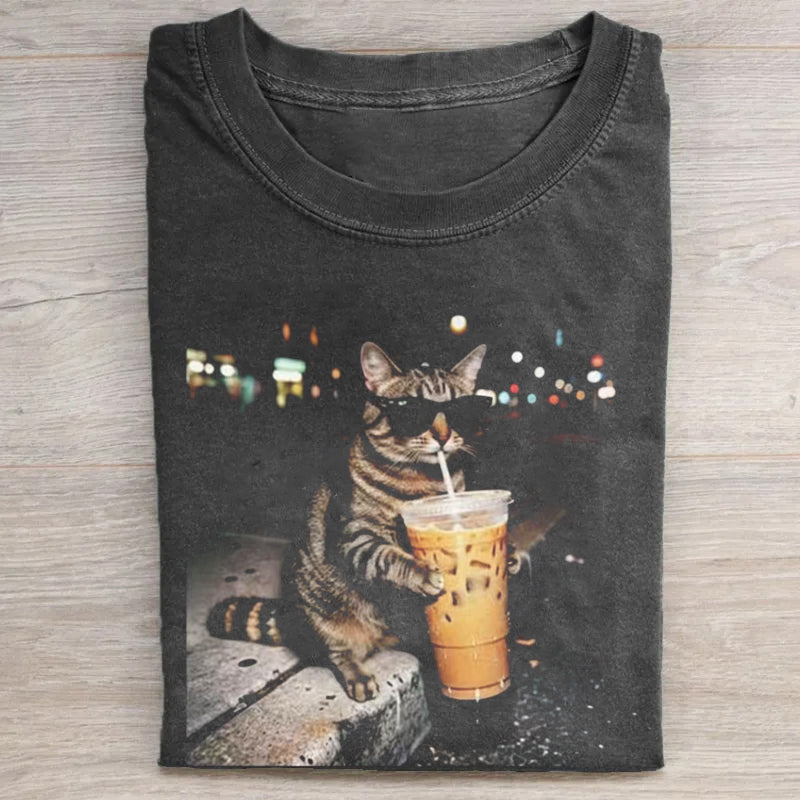 Cat Drinking Iced Coffee T-shirt