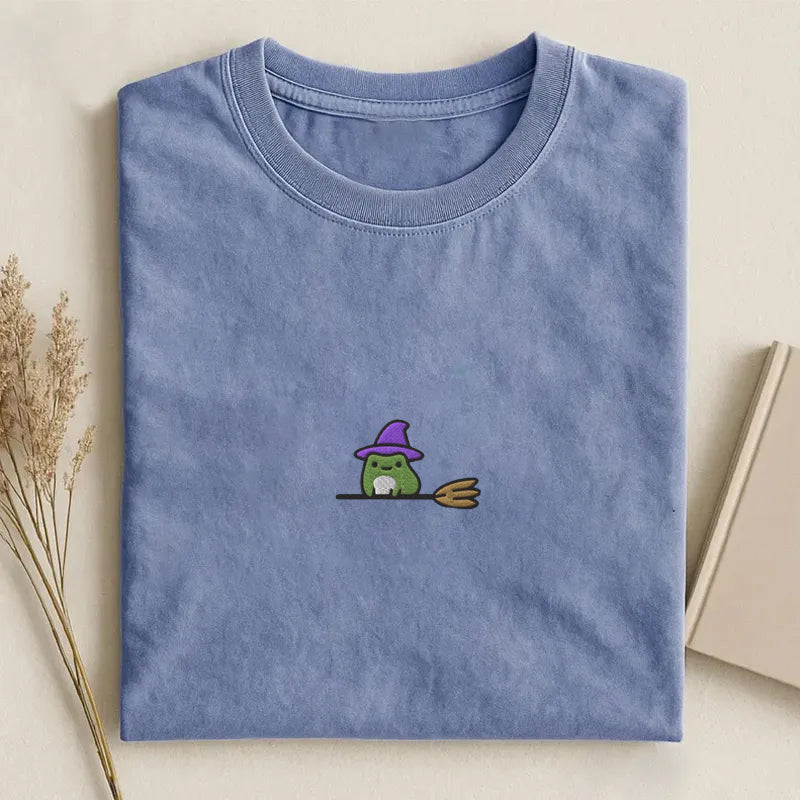 Witchy Frog Broomstick Embroidered T-shirt