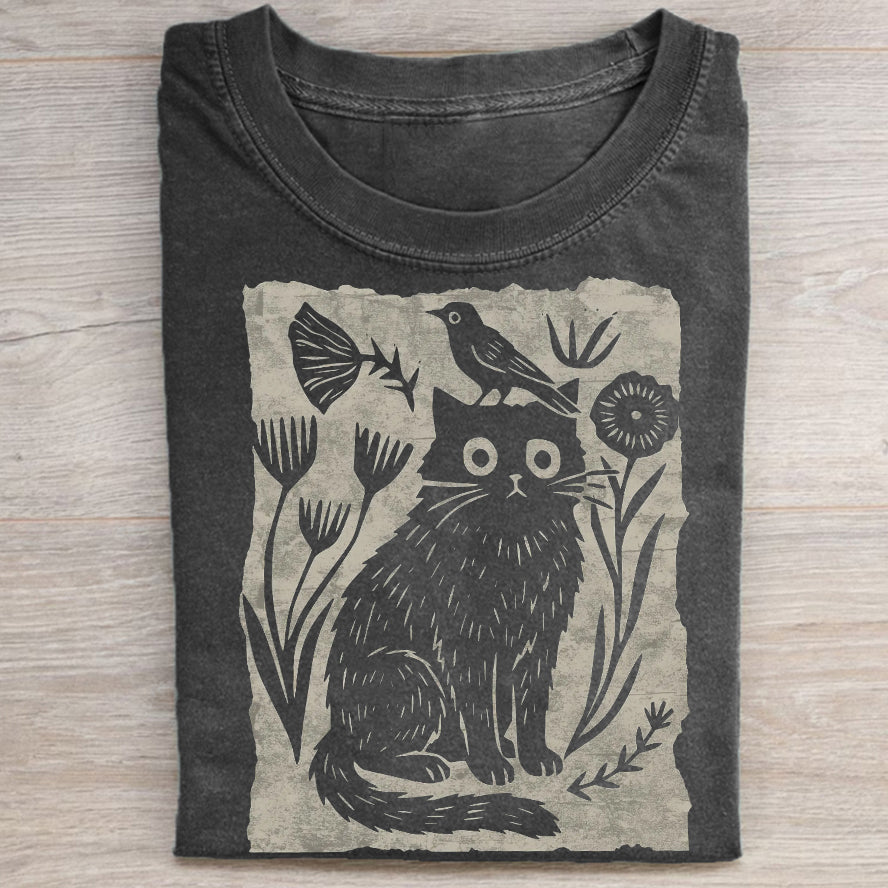 Floral Cat and Bird T-shirt